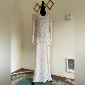 Vintage Ivory Beaded Lace Shift Overlay Dress 80s Wedding Formal Evening